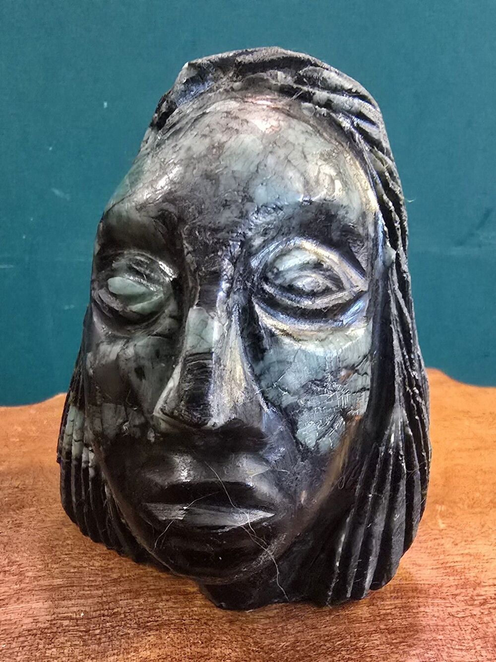 Primitive South American Style Carved Serpentine Stone Head  3"x2.5"x2"